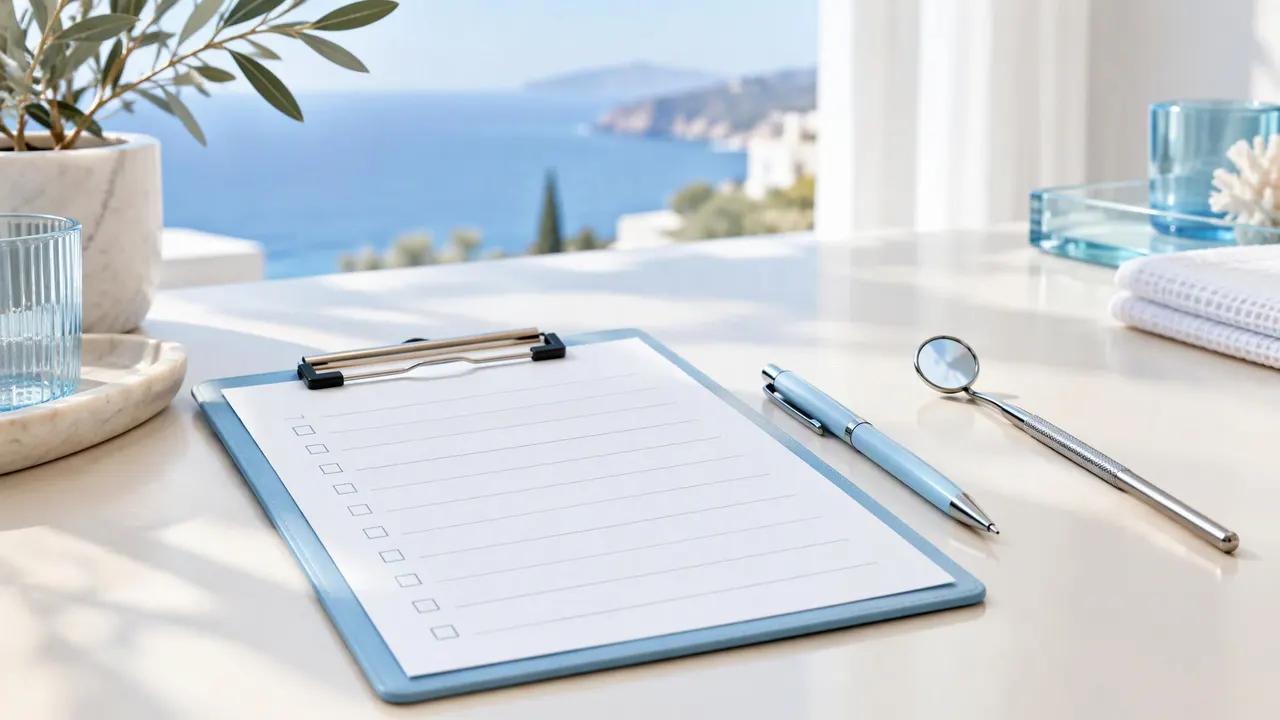 Illustrative blank checklist, pen and dental mirror on a desk