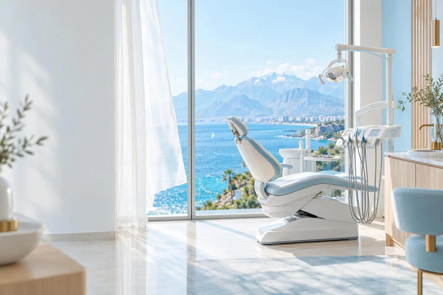 Illustrative modern dental treatment room with a view of Antalya, used for a guide on conservative cosmetic dentistry planning