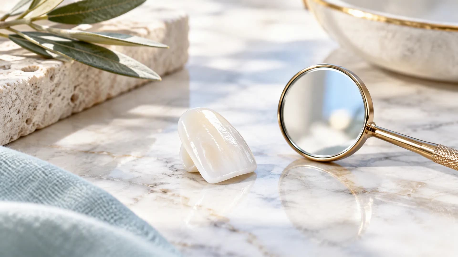 Illustrative single porcelain veneer and a small dental mirror on marble, for a guide on conservative cosmetic dentistry